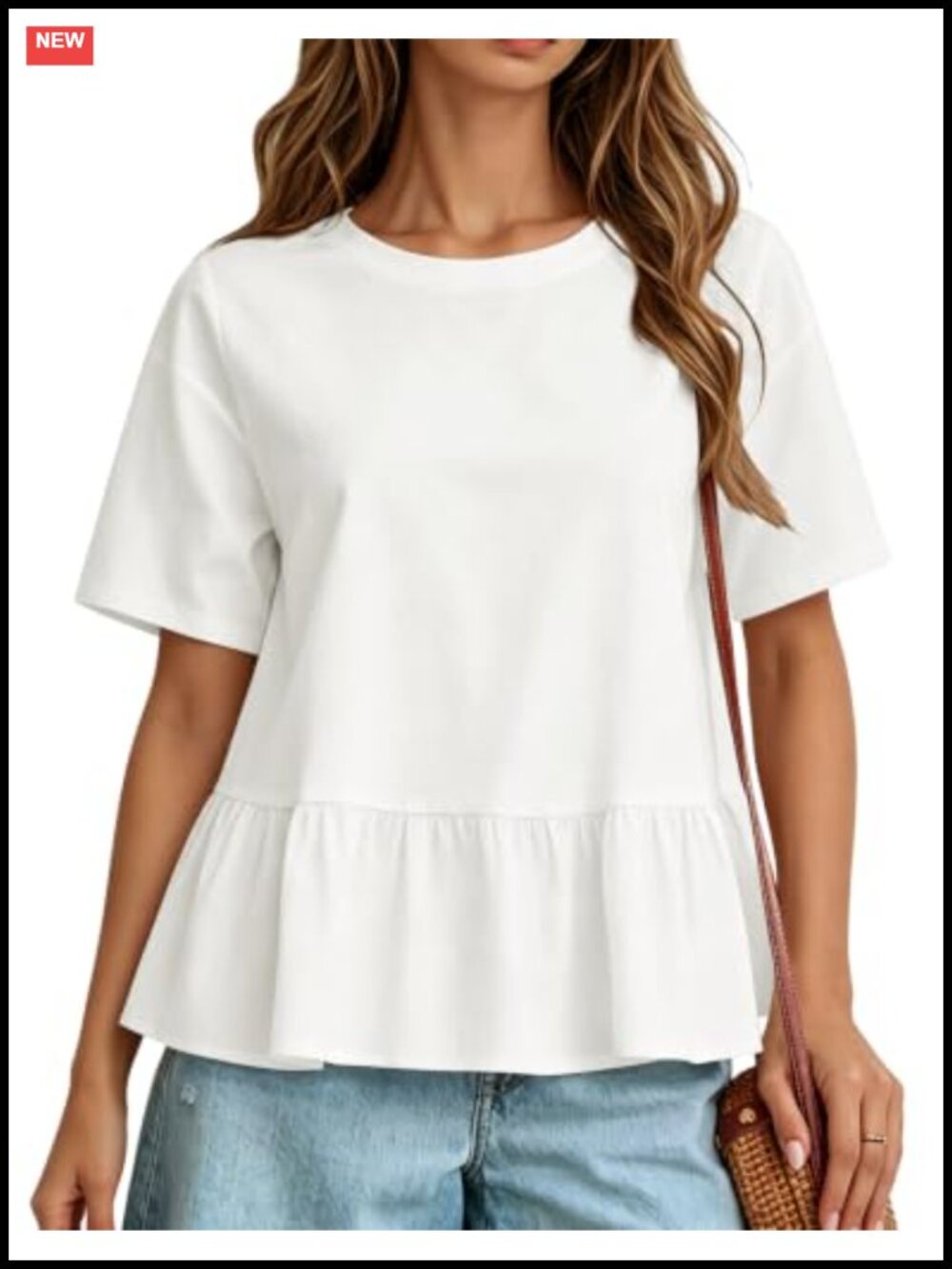 Women's Cotton Peplum Babydoll Top Short Sleeve Crew Neck Ruffled Hem Blouse